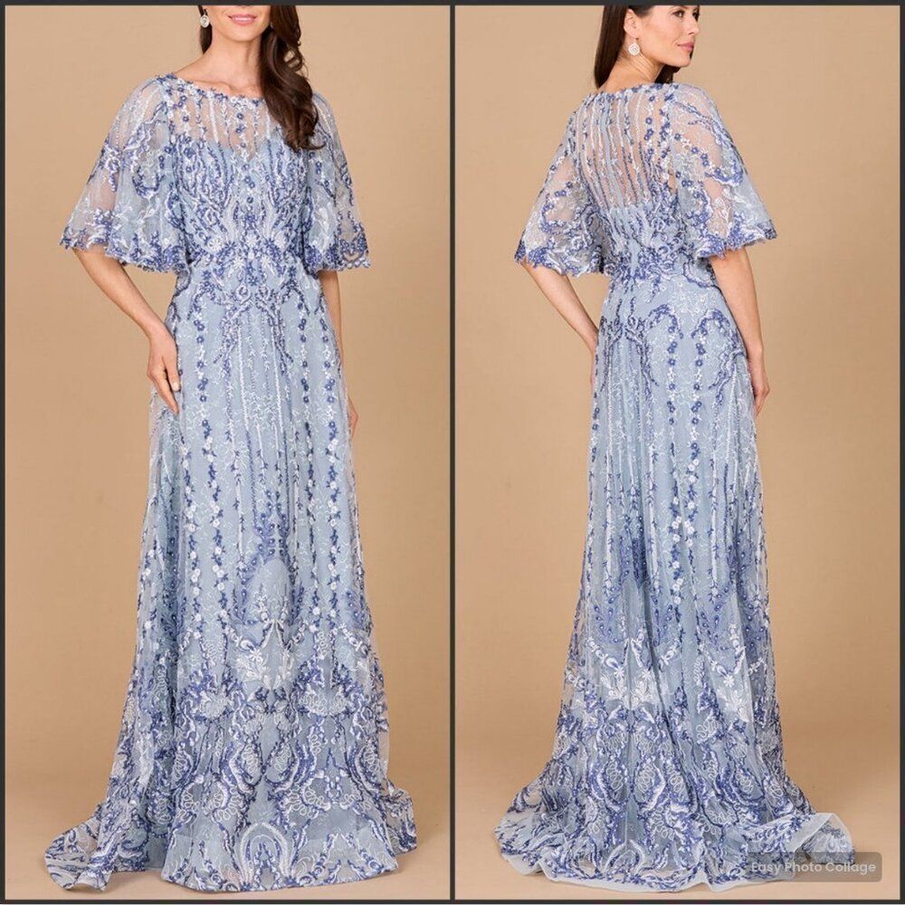 LARA Embroidered Cape Sleeve A-line Gown Dress